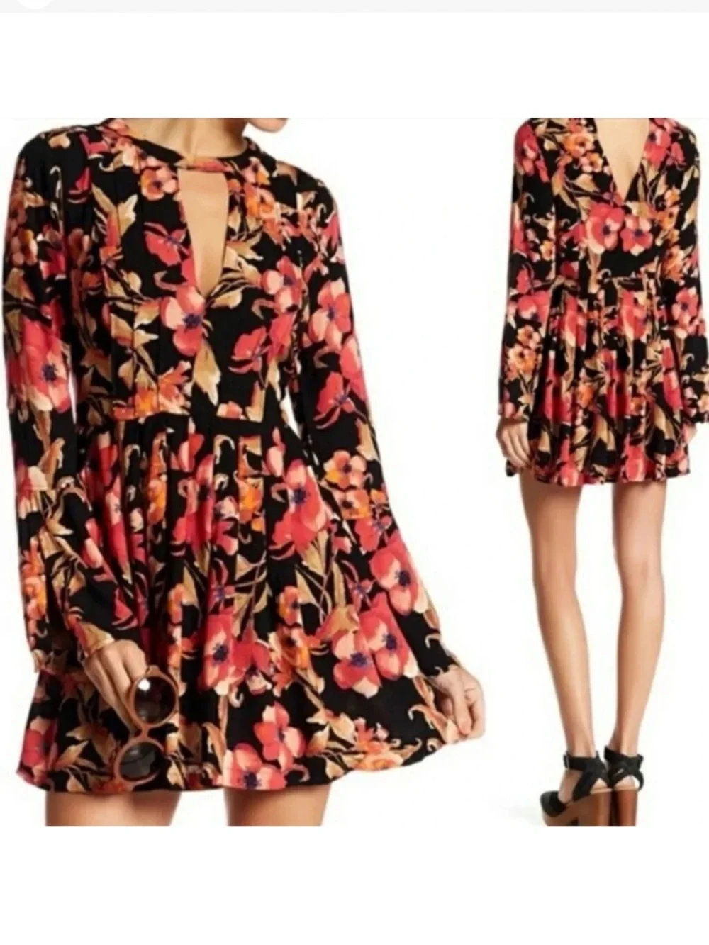 Floral Keyhole Long-Sleeve Mini Dress - Black with Coral Floral